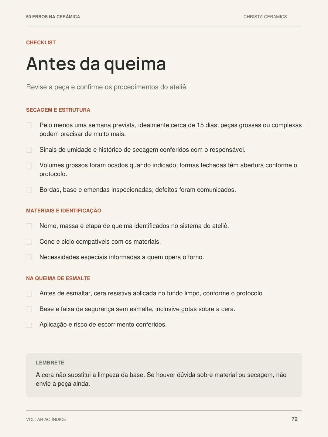 Checklist antes da queima na página 72 do ebook.